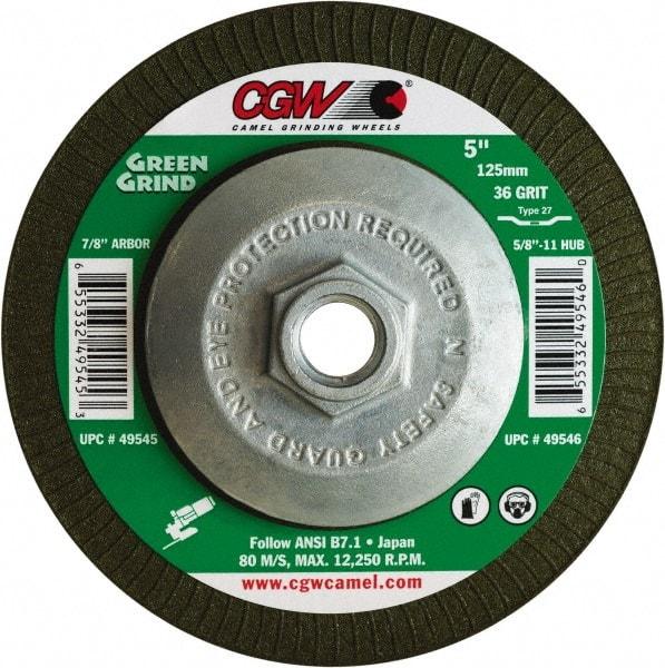 Camel Grinding Wheels - 36 Grit, 4-1/2" Wheel Diam, 5/32" Wheel Thickness, Type 27 Depressed Center Wheel - Medium Grade, Zirconia Alumina, Resinoid Bond, 13,300 Max RPM - Exact Industrial Supply