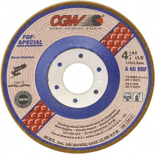 Camel Grinding Wheels - 60 Grit, 4-1/2" Wheel Diam, 1/8" Wheel Thickness, 7/8" Arbor Hole, Type 29 Depressed Center Wheel - Medium Grade, Aluminum Oxide, Resinoid Bond, 13,300 Max RPM - Exact Industrial Supply