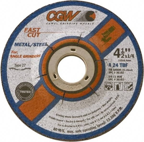 Camel Grinding Wheels - 24 Grit, 9" Wheel Diam, 1/4" Wheel Thickness, 7/8" Arbor Hole, Type 28 Depressed Center Wheel - Coarse Grade, Aluminum Oxide, Resinoid Bond, 6,660 Max RPM - Exact Industrial Supply