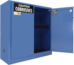Securall Cabinets - 2 Door, 1 Shelf, Blue Steel Standard Safety Cabinet for Corrosive Chemicals - 44" High x 43" Wide x 18" Deep, Manual Closing Door, 3 Point Key Lock, 30 Gal Capacity - Exact Industrial Supply