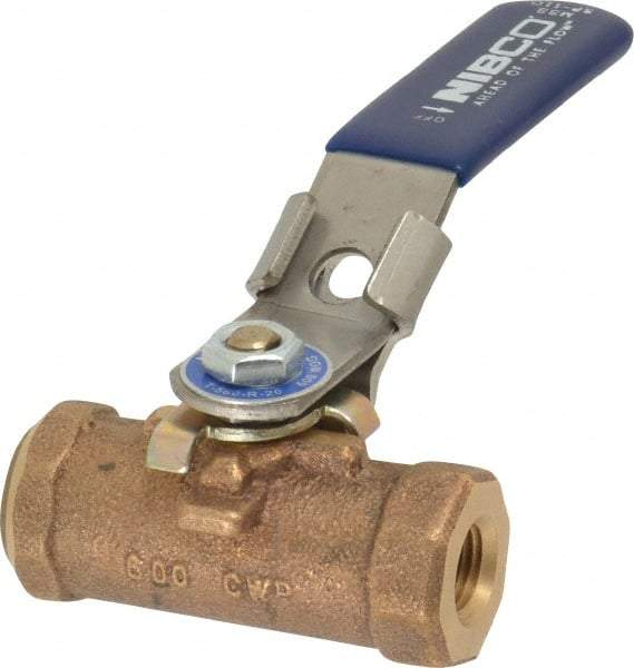 NIBCO - 1/4" Pipe, Reduced Port, Bronze Standard Ball Valve - 1 Piece, Inline - One Way Flow, FNPT x FNPT Ends, Locking Lever Handle, 600 WOG - Exact Industrial Supply