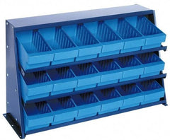 Quantum Storage - 240 Lb Capacity, 12" Deep x 36" Wide x 21" High, Steel Bench Rack - 1 Side, 18 Blue Polystyrene Bins - Exact Industrial Supply