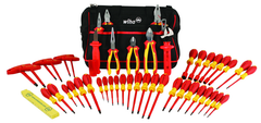 48 Piece - Insulated Tool Set with Pliers; Cutters; Nut Drivers; Screwdrivers; T Handles; Knife & Ruler in Tool Box - Exact Industrial Supply