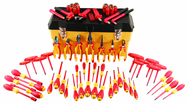 66 Piece - Insulated Tool Set with Pliers; Cutters; Nut Drivers; Screwdrivers; T Handles; Knife; Sockets & 3/8" Drive Ratchet w/Extension; Adjustable Wrench - Exact Industrial Supply