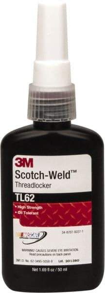 3M - 50 mL Bottle, Red, Medium Strength Liquid Threadlocker - Series TL62, 24 hr Full Cure Time, Hand Tool, Heat Removal - Exact Industrial Supply