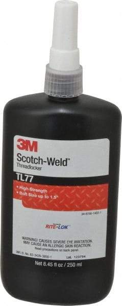 3M - 250 mL, Red, High Strength Liquid Threadlocker - Series TL77, 24 hr Full Cure Time, Hand Tool, Heat Removal - Exact Industrial Supply