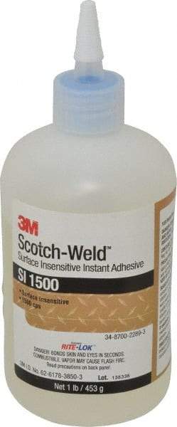 3M - 1 Lb Bottle Clear Instant Adhesive - Series SI1500, 5 to 60 sec Working Time, 24 hr Full Cure Time, Bonds to Cardboard, Ceramic, Fabric, Fiberglass, Foam, Glass, Leather, Metal, Paper, Plastic, Rubber, Vinyl & Wood - Exact Industrial Supply