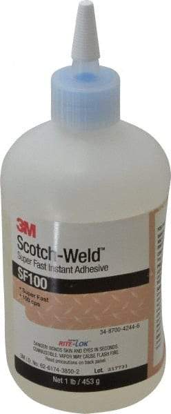 3M - 1 Lb Bottle Clear Instant Adhesive - Series SF100, 3 to 30 sec Working Time, 24 hr Full Cure Time, Bonds to Cardboard, Ceramic, Fabric, Fiberglass, Foam, Glass, Leather, Metal, Paper, Plastic, Rubber, Vinyl & Wood - Exact Industrial Supply