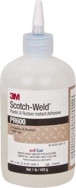 3M - 1 Lb Bottle Clear Instant Adhesive - Series PR600, 4 to 25 sec Working Time, 24 hr Full Cure Time, Bonds to Cardboard, Ceramic, Fabric, Fiberglass, Foam, Glass, Leather, Metal, Paper, Plastic, Rubber, Vinyl & Wood - Exact Industrial Supply