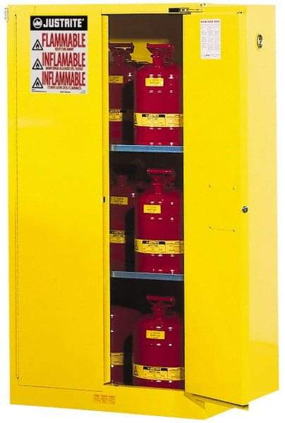 Justrite - 2 Door, 2 Shelf, Yellow Steel Standard Safety Cabinet for Flammable and Combustible Liquids - 65" High x 34" Wide x 34" Deep, Self Closing Door, 3 Point Key Lock, 60 Gal Capacity - Exact Industrial Supply