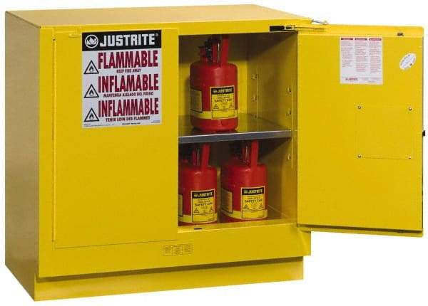 Justrite - 2 Door, 1 Shelf, Yellow Steel Under the Counter Safety Cabinet for Flammable and Combustible Liquids - 35" High x 35" Wide x 22" Deep, Self Closing Door, 22 Gal Capacity - Exact Industrial Supply