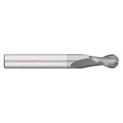 Ball End Mill: 0.1875″ Dia, 0.75″ LOC, 2 Flute, Solid Carbide 2-1/2″ OAL, 3/16″ Shank Dia, 30 ° Helix, TiCN Coated, Single End