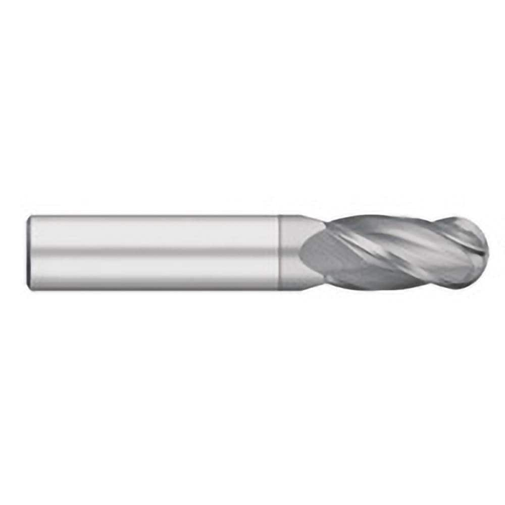 Ball End Mill: 0.1563″ Dia, 0.5625″ LOC, 4 Flute, Solid Carbide 2″ OAL, 3/16″ Shank Dia, 30 ° Helix, TiCN Coated, Single End