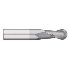 Ball End Mill: 0.0313″ Dia, 0.125″ LOC, 2 Flute, Solid Carbide 1-1/2″ OAL, 1/8″ Shank Dia, 30 ° Helix, TiCN Coated, Single End