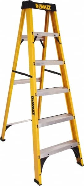 DeWALT - 4 Steps, 6' High, Type I Rating, Fiberglass Step Ladder - Exact Industrial Supply