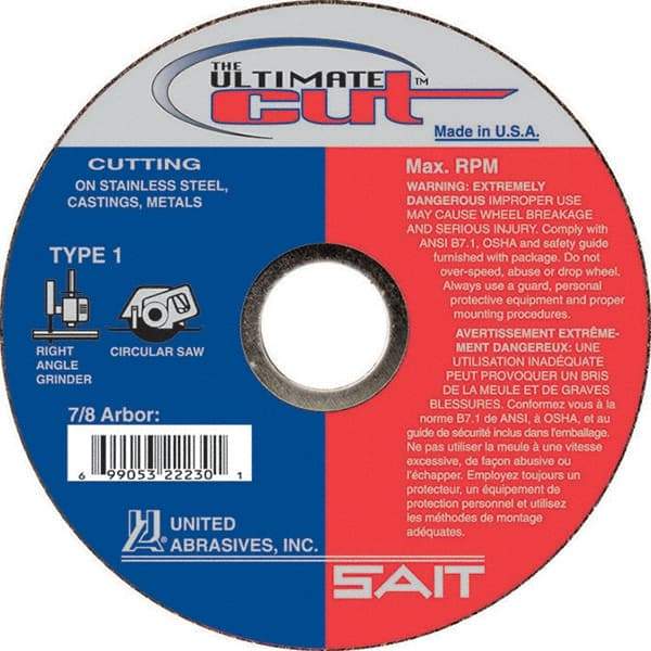 Sait - 6" Aluminum Oxide Cutoff Wheel - 0.045" Thick, 7/8" Arbor, 10,200 Max RPM, Use with Angle Grinders - Exact Industrial Supply
