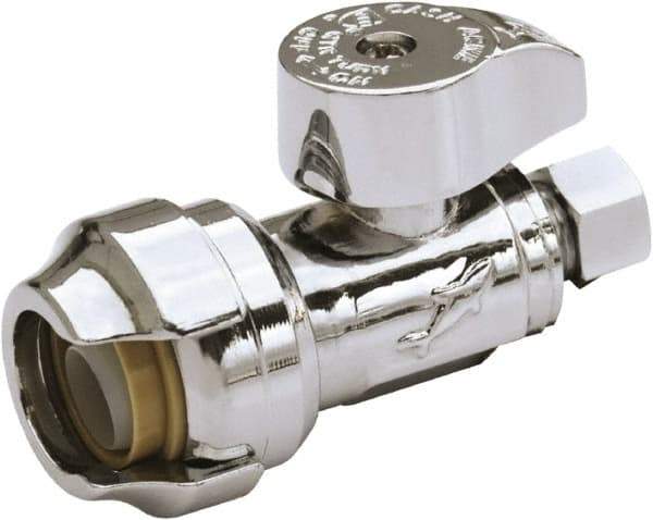 SharkBite - 1/2 & 3/8" Pipe, 200 psi WOG Rating, Brass Stop Valve - Chrome Finished Handle, Push Fit End Connections, For Potable Water Applications - Exact Industrial Supply