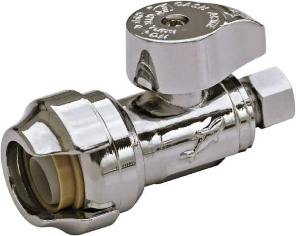 SharkBite - 1/2 & 1/4" Pipe, 200 psi WOG Rating, Brass Stop Valve - Chrome Finished Handle, Push Fit End Connections, For Potable Water Applications - Exact Industrial Supply