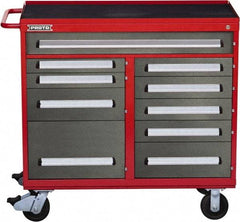 Proto - 10 Drawer Steel Tool Roller Cabinet - 45" Wide x 42-1/2" High x 21-3/8" Deep, Ball Bearing Drawer Slides, Safety Red/Gray - Exact Industrial Supply