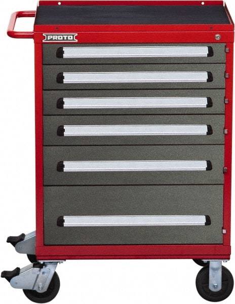 Proto - 6 Drawer Steel Tool Roller Cabinet - 30" Wide x 42-1/2" High x 21-3/8" Deep, Ball Bearing Drawer Slides, Safety Red/Gray - Exact Industrial Supply
