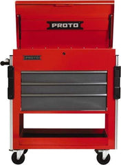 Proto - 3 Drawer Steel Tool Roller Cabinet - 37" Wide x 43" High x 20" Deep, Ball Bearing Drawer Slides, Safety Red/Gray - Exact Industrial Supply