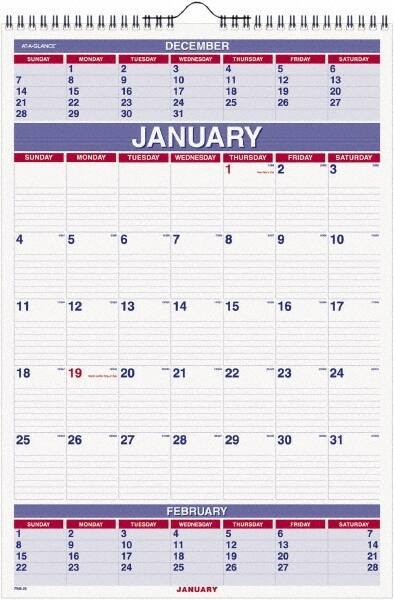 AT-A-GLANCE - 12 Sheet, 8-3/4 x 10", Wall Calendar - White - Exact Industrial Supply