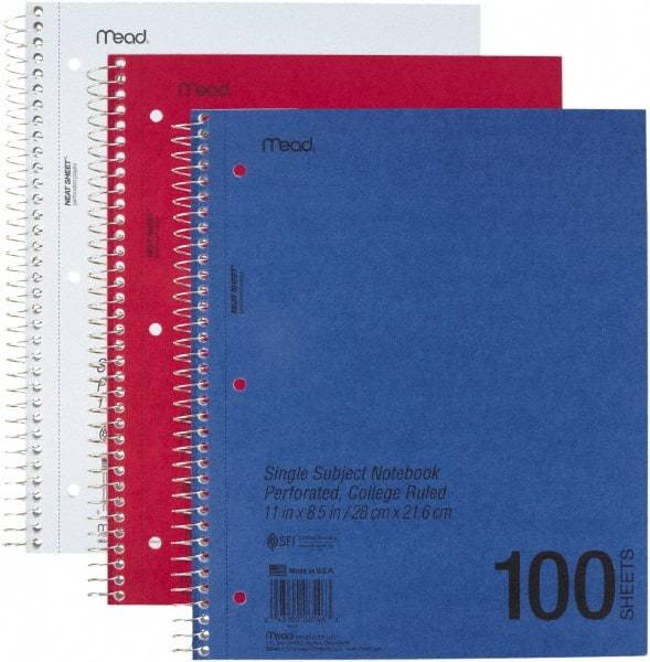 Mead - 100 Sheet, 8-1/2 x 11", College Ruled One Subject Notebook - Assorted Colors - Exact Industrial Supply