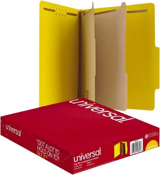 UNIVERSAL - 8-1/2 x 11", Letter Size, Yellow, Classification Folders with Top Tab Fastener - 25 Point Stock, Right of Center Tab Cut Location - Exact Industrial Supply