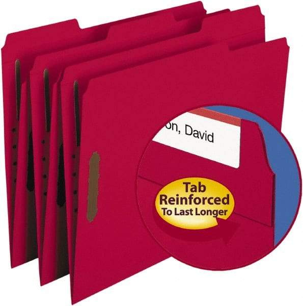 SMEAD - 8-1/2 x 11", Letter Size, Red, File Folders with Top Tab - 11 Point Stock, Assorted Tab Cut Location - Exact Industrial Supply