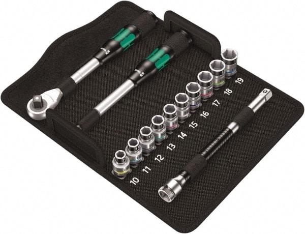Wera - 13 Piece 1/2" Drive Thin Wall Standard Socket Set - 6 Points, 10 to 19mm, Metric Measurement Standard - Exact Industrial Supply
