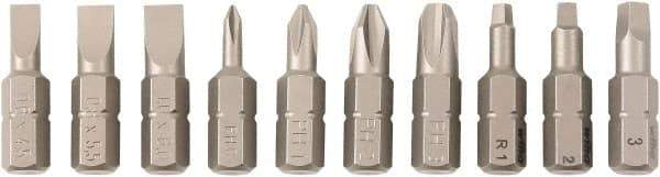 Wiha - 10 Piece, 1/4" Drive Screwdriver Insert Bit Set - #0 to #3 Phillips, #1 to #3 Square Recess, 4.5, 5.5 & 6mm Slotted - Exact Industrial Supply