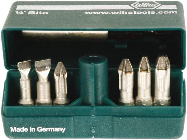 Wiha - 7 Piece, 1/4" Drive Screwdriver Insert Bit Set - #1 to #3 Phillips, 5.5 & 6.5mm Slotted - Exact Industrial Supply