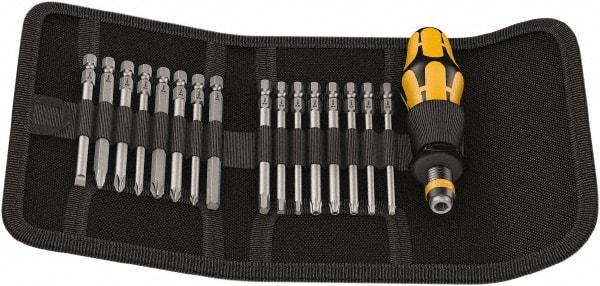 Wera - 17 Piece, 1/4" Drive Screwdriver Bit Set - #1, #2 & #3 Phillips, 3 to 6mm Hex, #1, #2 & #3 Pozidriv, 1.0x5.5mm Slotted - Exact Industrial Supply