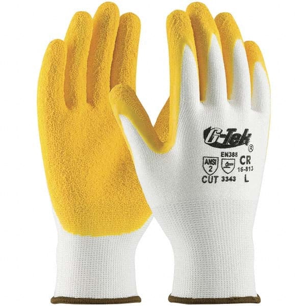 Cut, Puncture & Abrasive-Resistant Gloves: Size M, ANSI Cut A2, ANSI Puncture 3, Latex, Polyester Blend White, Palm & Fingers Coated, Crinkle Grip, ANSI Abrasion 3