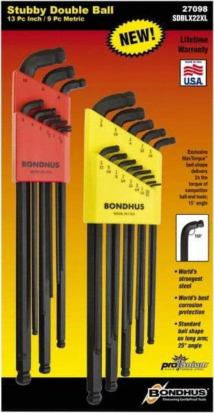 Bondhus - 22 Piece, L-Wrench Ball End Hex Key Set - 0.05 to 3/8" Range, 3.16" OAL, - Exact Industrial Supply