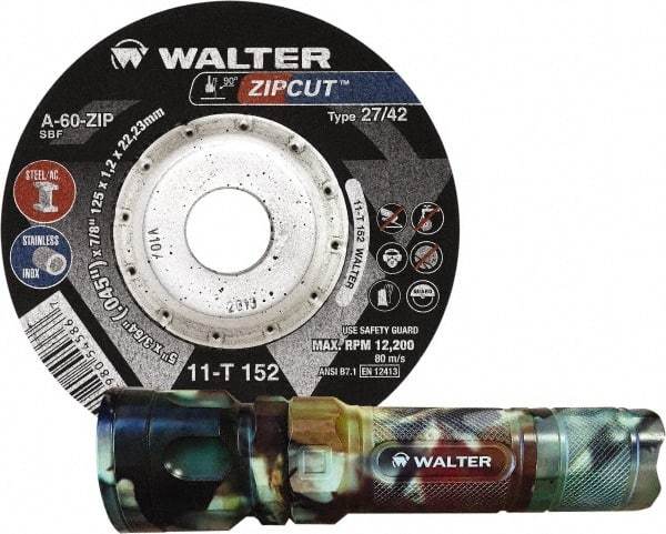 WALTER Surface Technologies - 60 Grit, 4-1/2" Wheel Diam, 3/64" Wheel Thickness, 7/8" Arbor Hole, Type 27 Depressed Center Wheel - Coarse Grade, Aluminum Oxide, Resinoid Bond, 13,300 Max RPM, Compatible with Angle Grinder - Exact Industrial Supply