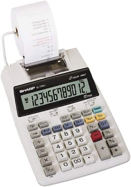 Sharp - LCD Printing Calculator - 5-7/8 x 8-7/8 Display Size, White, AC & Battery Powered, 3" Long x 6.4" Wide - Exact Industrial Supply