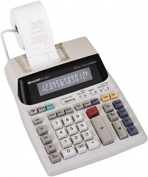 Sharp - Fluorescent Printing Calculator - 7-5/8 x 10-1/8 Display Size, Light Gray, AC Powered, 3-7/16" Long x 8-3/8" Wide - Exact Industrial Supply