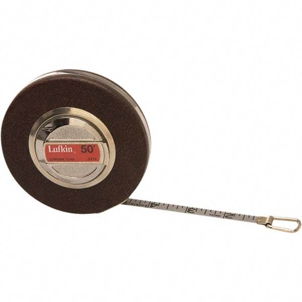 Lufkin - 50' x 3/8" Silver Steel Blade Tape Measure - 1/16" Graduation, Inch Graduation Style, Black Steel Case - Exact Industrial Supply
