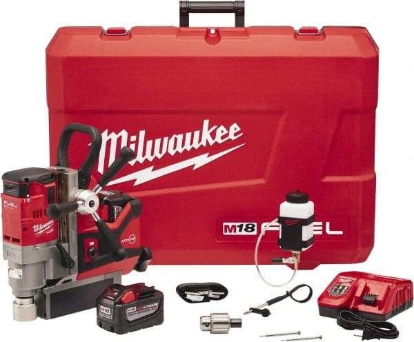 Milwaukee Tool - 1-1/2" Chuck, 5.75" Travel, Portable Magnetic Drill Press - 400 & 690 RPM, 9 Amps, 0.43 hp - Exact Industrial Supply