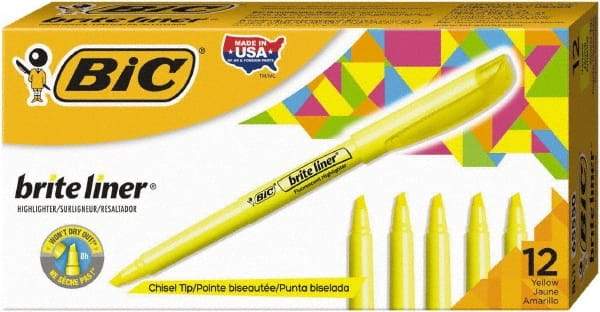 Bic - Flouorescent Yellow Highlighter - Chisel Tip, Water Base Ink - Exact Industrial Supply