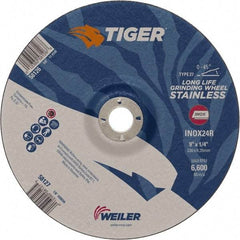Weiler - 24 Grit, 9" Wheel Diam, 7/8" Arbor Hole, Type 27 Depressed Center Wheel - Medium Grade, Aluminum Oxide, R Hardness, 6,600 Max RPM - Exact Industrial Supply