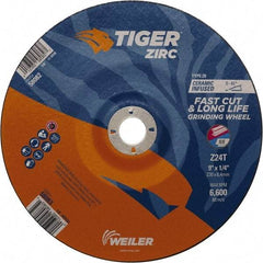 Weiler - 24 Grit, 9" Wheel Diam, 7/8" Arbor Hole, Type 28 Depressed Center Wheel - Hard Grade, Zirconia Alumina, T Hardness, 6,600 Max RPM - Exact Industrial Supply