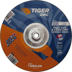 Weiler - 24 Grit, 9" Wheel Diam, Type 28 Depressed Center Wheel - Hard Grade, Zirconia Alumina, T Hardness, 6,600 Max RPM - Exact Industrial Supply