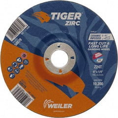 Weiler - 24 Grit, 6" Wheel Diam, 7/8" Arbor Hole, Type 27 Depressed Center Wheel - Hard Grade, Zirconia Alumina, T Hardness, 10,200 Max RPM - Exact Industrial Supply