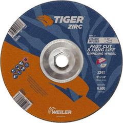 Weiler - 24 Grit, 9" Wheel Diam, Type 27 Depressed Center Wheel - Hard Grade, Zirconia Alumina, T Hardness, 6,600 Max RPM - Exact Industrial Supply