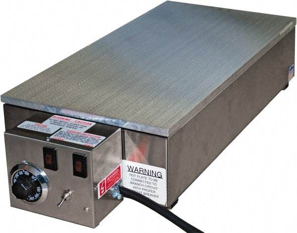 Valad Electric Heating - 26" Long x 14 Wide x 6" High, 110/120 Volt Hot Plate - 100 to 550°F, 1 Burner, Aluminum Plate, 1500 Watt, 13.6 Amps, 304 Stainless Steel Base - Exact Industrial Supply