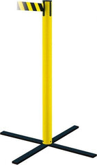 Tensator - 36" High, 5" Pole Diam, Stowaway Post - 22-3/4" Base Diam, Flat Metal Base, Yellow Plastic Post, 7-1/2' x 2" Tape, Single Line Tape, For Outdoor Use - Exact Industrial Supply