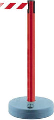Tensator - 38" High, 2-1/2" Pole Diam, Barricade Tape Dispenser - 14" Base Diam, Round Plastic Base, Red Polymer Post, 7-1/2' x 1-7/8" Tape, Single Line Tape, For Outdoor Use - Exact Industrial Supply