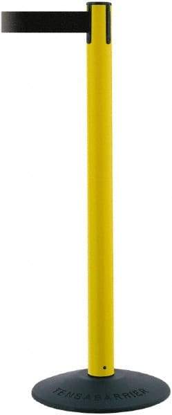 Tensator - 38" High, 2-1/2" Pole Diam, Barricade Tape Dispenser - 14" Base Diam, Round Stainless Steel Base, Yellow Polymer Post, 7-1/2' x 1-7/8" Tape, Single Line Tape, For Outdoor Use - Exact Industrial Supply